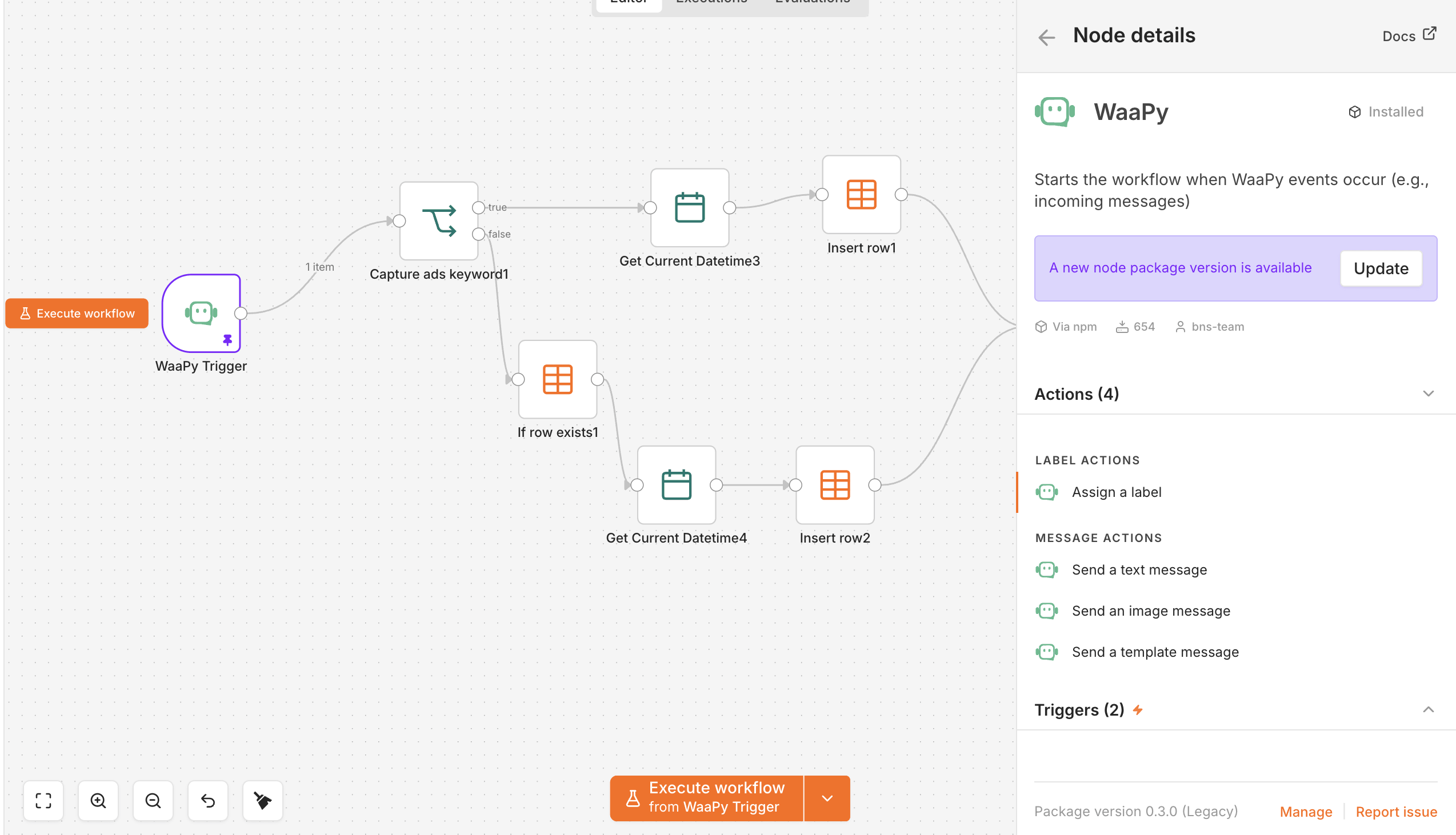 n8n workflow interface showing WaaPY nodes