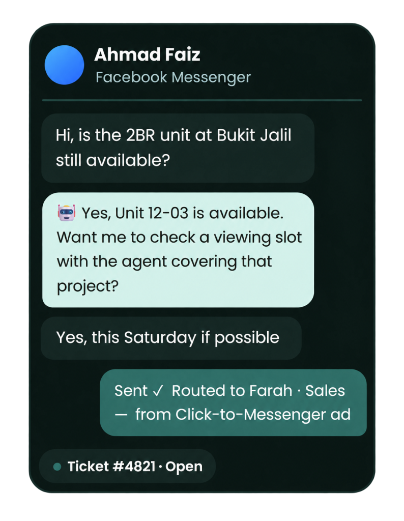 WaaPY Facebook Messenger automation dashboard with a shared team inbox and open Messenger conversation